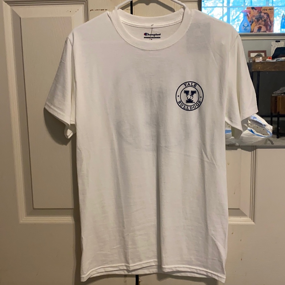 White and navy Yale Champion shirt
